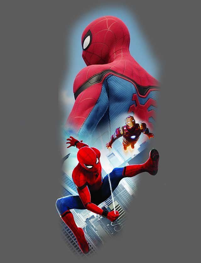 A painting of spider man and iron man on a gray background