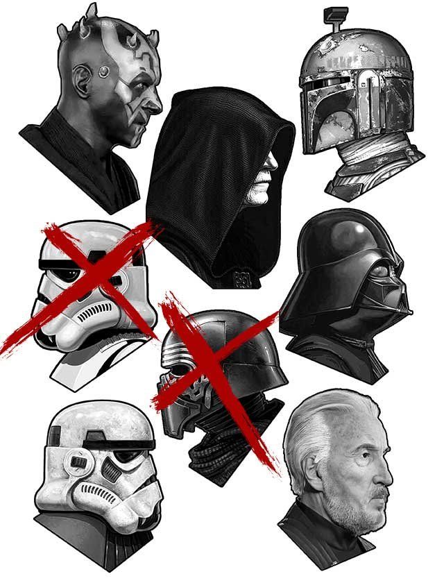 A group of star wars characters including darth vader and darth maul