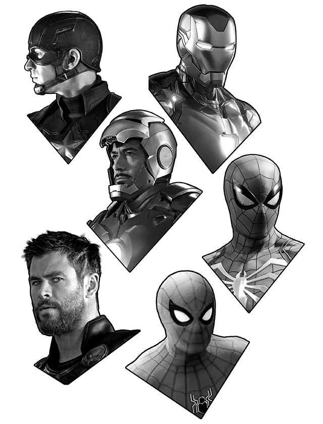 A black and white drawing of captain america , iron man , spider man , thor , and tony stark.
