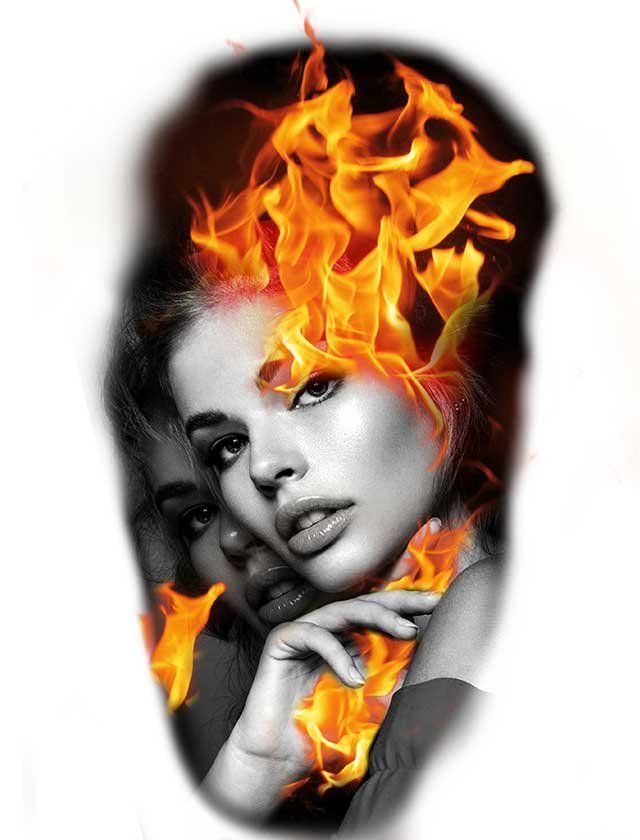 A black and white portrait of a woman with flames coming out of her head.