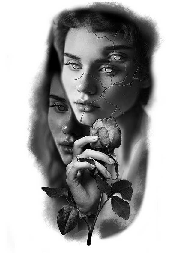 A black and white drawing of a woman holding a rose.
