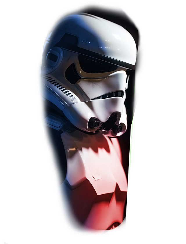A tattoo of a storm trooper with a red light behind him
