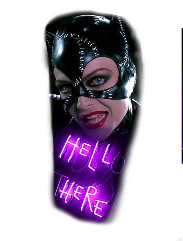 A tattoo of catwoman with the words hello there written on it