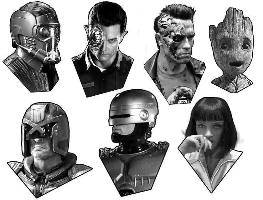 A black and white drawing of a group of superhero heads.
