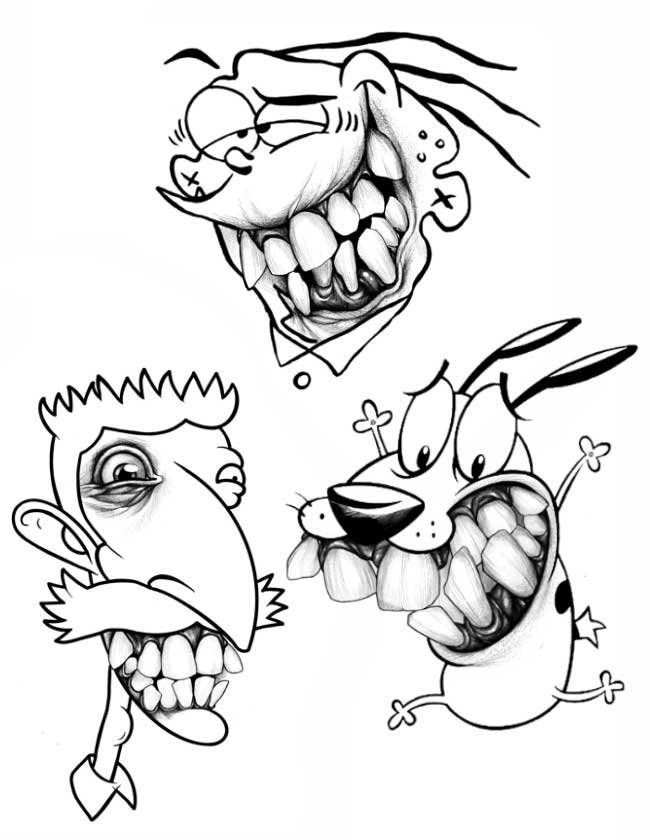 A black and white drawing of three cartoon characters with big teeth