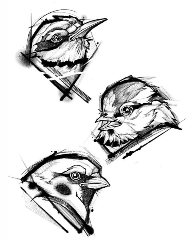 A black and white drawing of three birds on a white background.