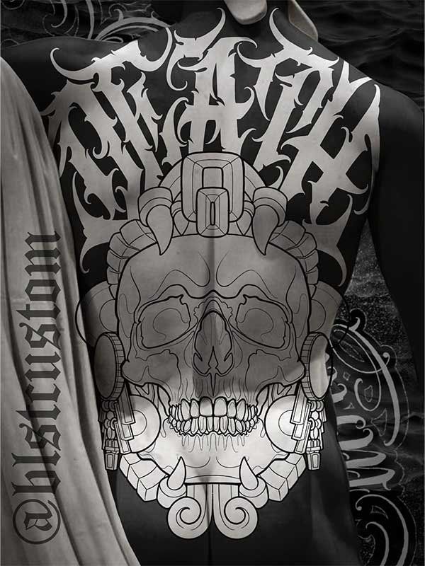A black and white photo of a person with a skull tattoo on their back