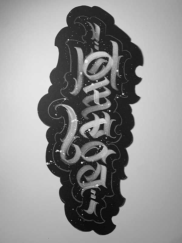 A black and white drawing of the word graffiti