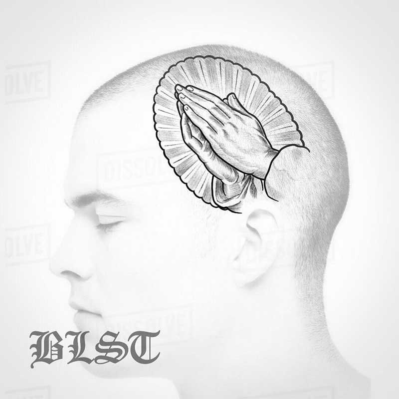 A drawing of a man 's head with praying hands on it