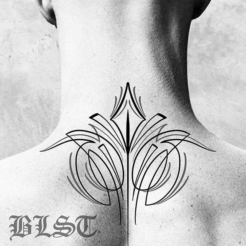 A man has a tattoo on his back that says blst