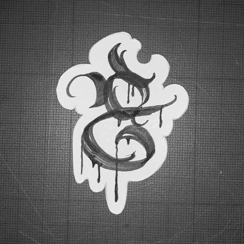 A black and white drawing of a letter s