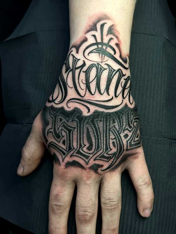 A close up of a person 's hand with a tattoo on it.