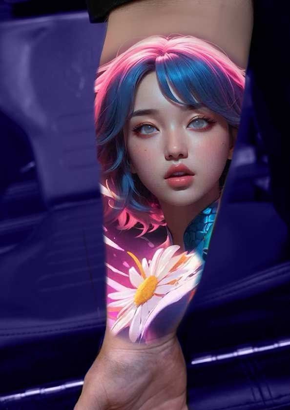 A person has a tattoo of a girl with blue hair and a flower on their arm.