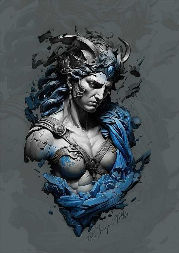 A statue of a woman with horns on her head surrounded by blue feathers.