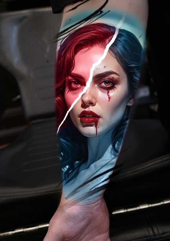 A tattoo of a woman with red hair and blue hair