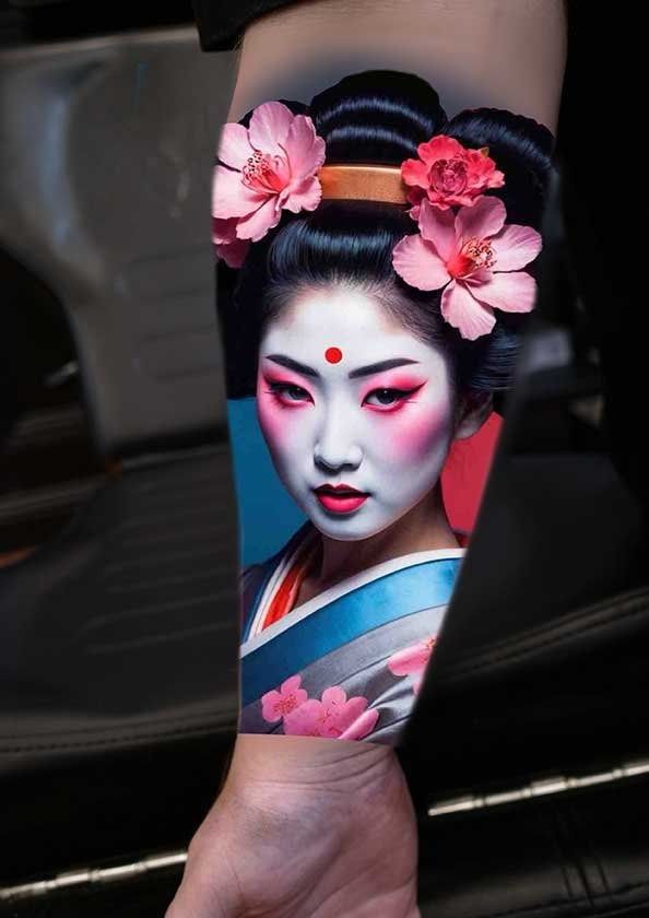 A tattoo of a geisha with pink flowers in her hair