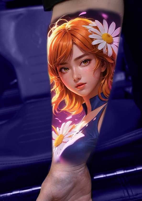 A person has a tattoo of a girl with daisies on her arm.