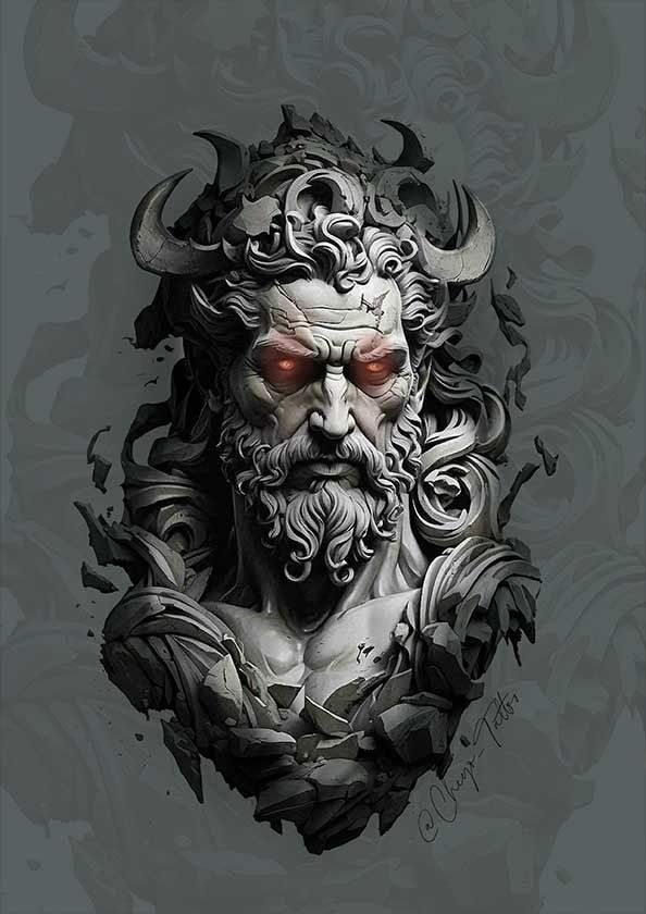 A statue of a man with horns and a beard.