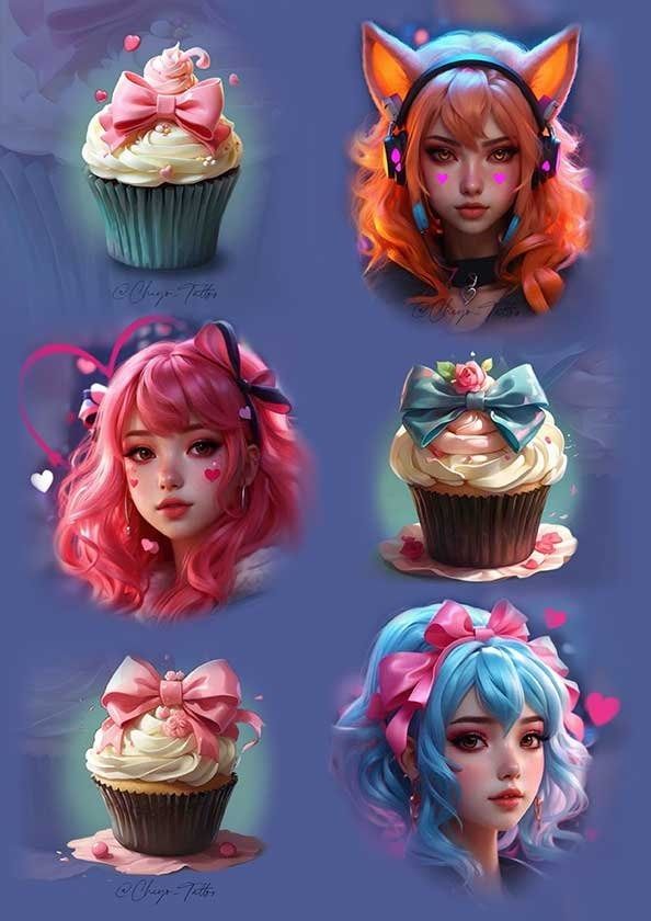 A painting of a girl with cupcakes on her head.