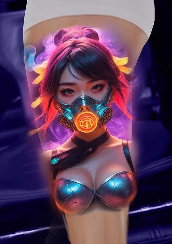 A tattoo of a woman wearing a gas mask