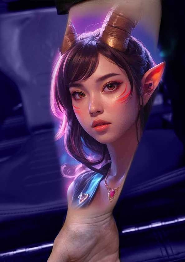 A tattoo of a girl with horns on her arm.