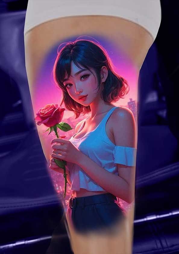 A tattoo of a girl holding a rose on her leg.