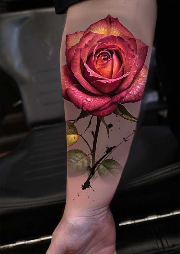 A person has a tattoo of a red rose on their forearm.