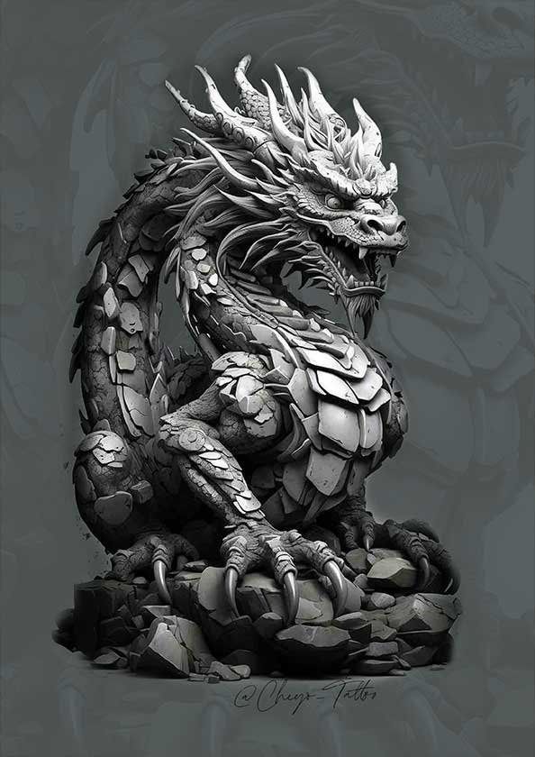 A black and white statue of a dragon sitting on rocks.
