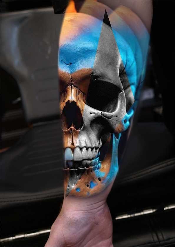 A person has a tattoo of a skull on their arm.