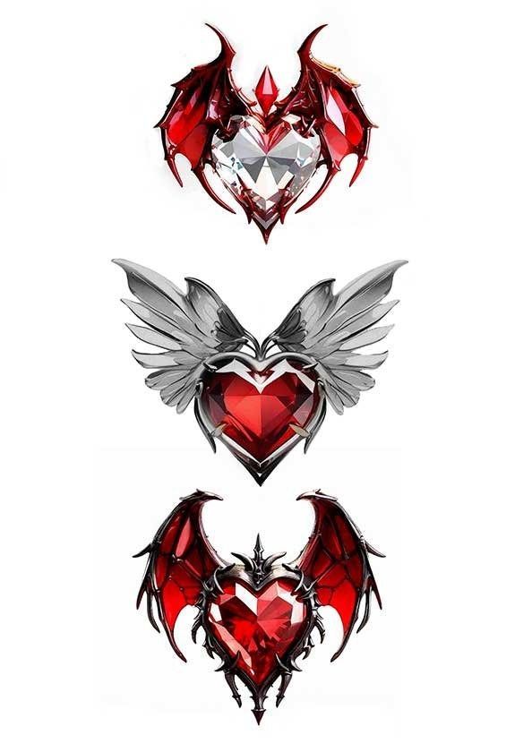 Three red hearts with wings on a white background
