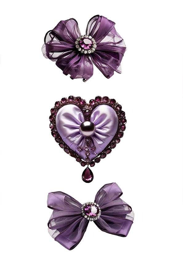 Three purple bows are lined up in a row on a white background