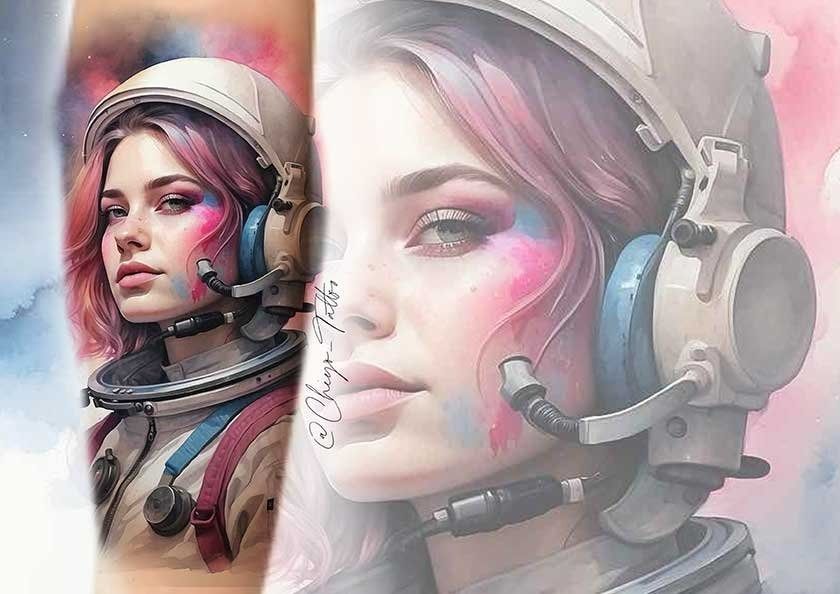 A tattoo of a woman wearing a helmet and headphones.