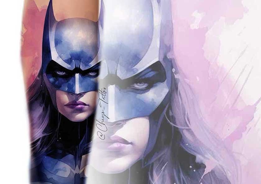 A painting of a woman wearing a batman mask.