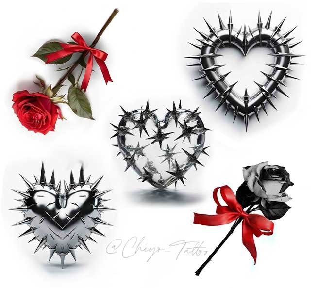 A heart with thorns and a rose with a red bow