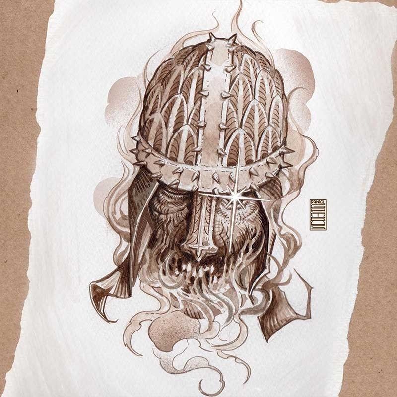 A drawing of a man wearing a helmet with spikes on it