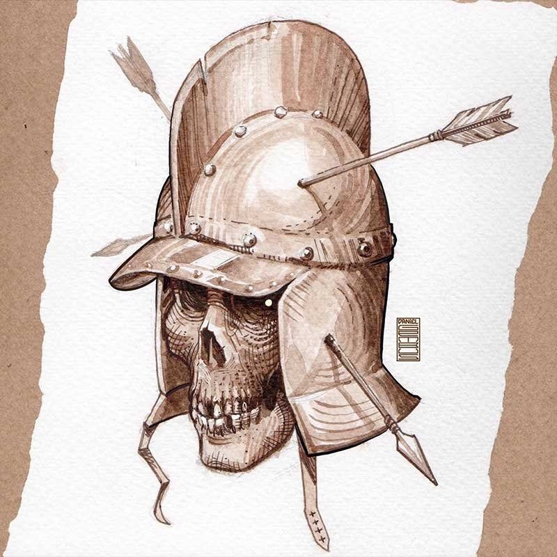 A drawing of a skull wearing a helmet with an arrow through it