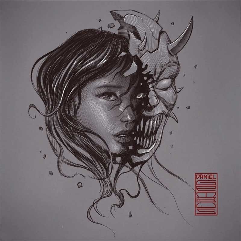 A drawing of a woman with a demon mask on her face