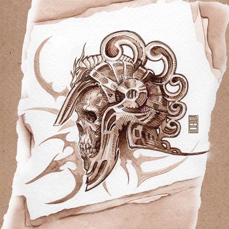 A drawing of a skull with a helmet on a piece of paper