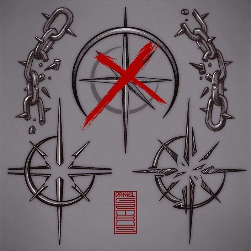 A drawing of a compass with a red cross in the middle