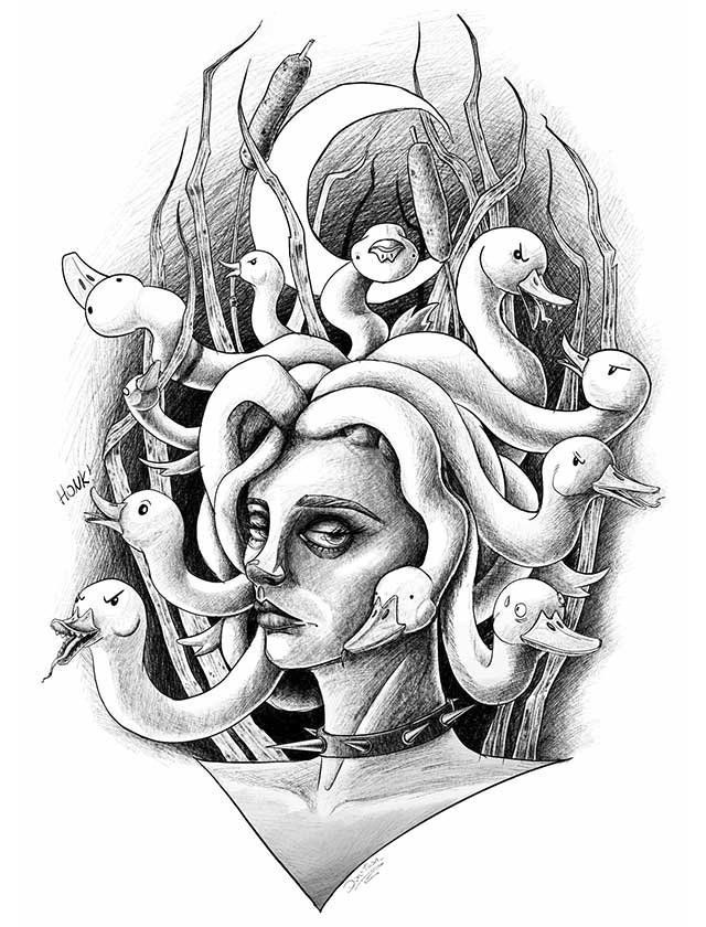 A black and white drawing of a woman with snakes in her hair surrounded by ducks.