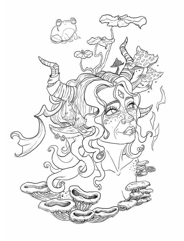 A black and white drawing of a woman with horns surrounded by mushrooms and frogs.
