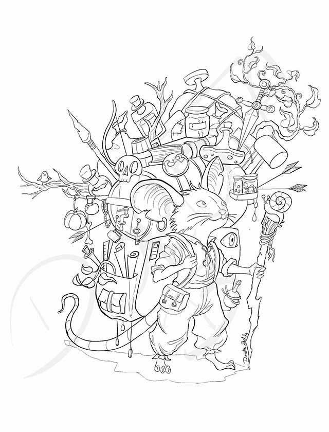 A black and white drawing of a person surrounded by objects.