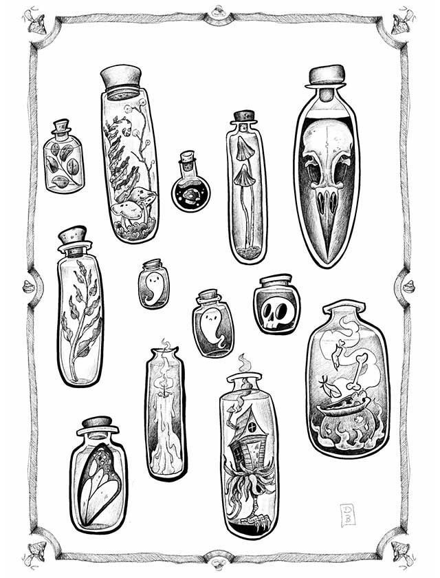 A black and white drawing of a variety of bottles filled with different things.