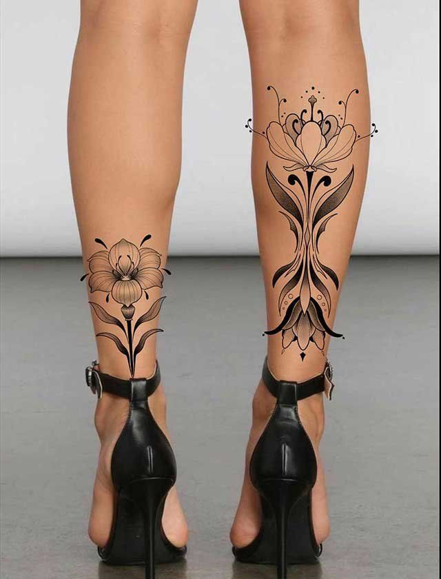 A woman with a tattoo on her leg and heels