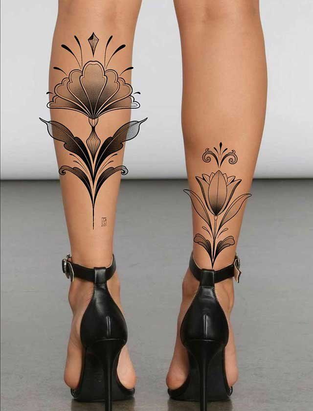 A woman with a tattoo on her leg and heels