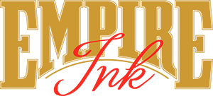 The logo for empire ink is gold and red with a white background.