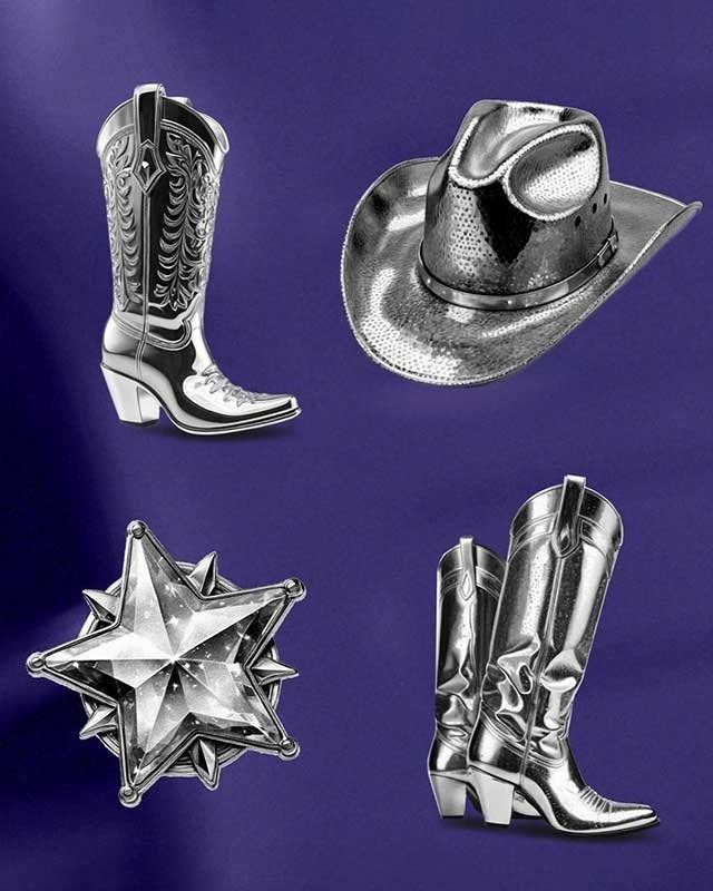 A cowboy hat a pair of cowboy boots a star and a badge on a purple background