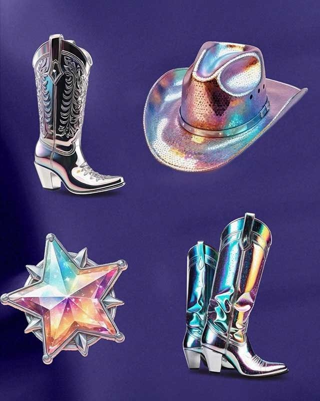 A cowboy hat , cowboy boots , a star , and a buckle on a purple background.