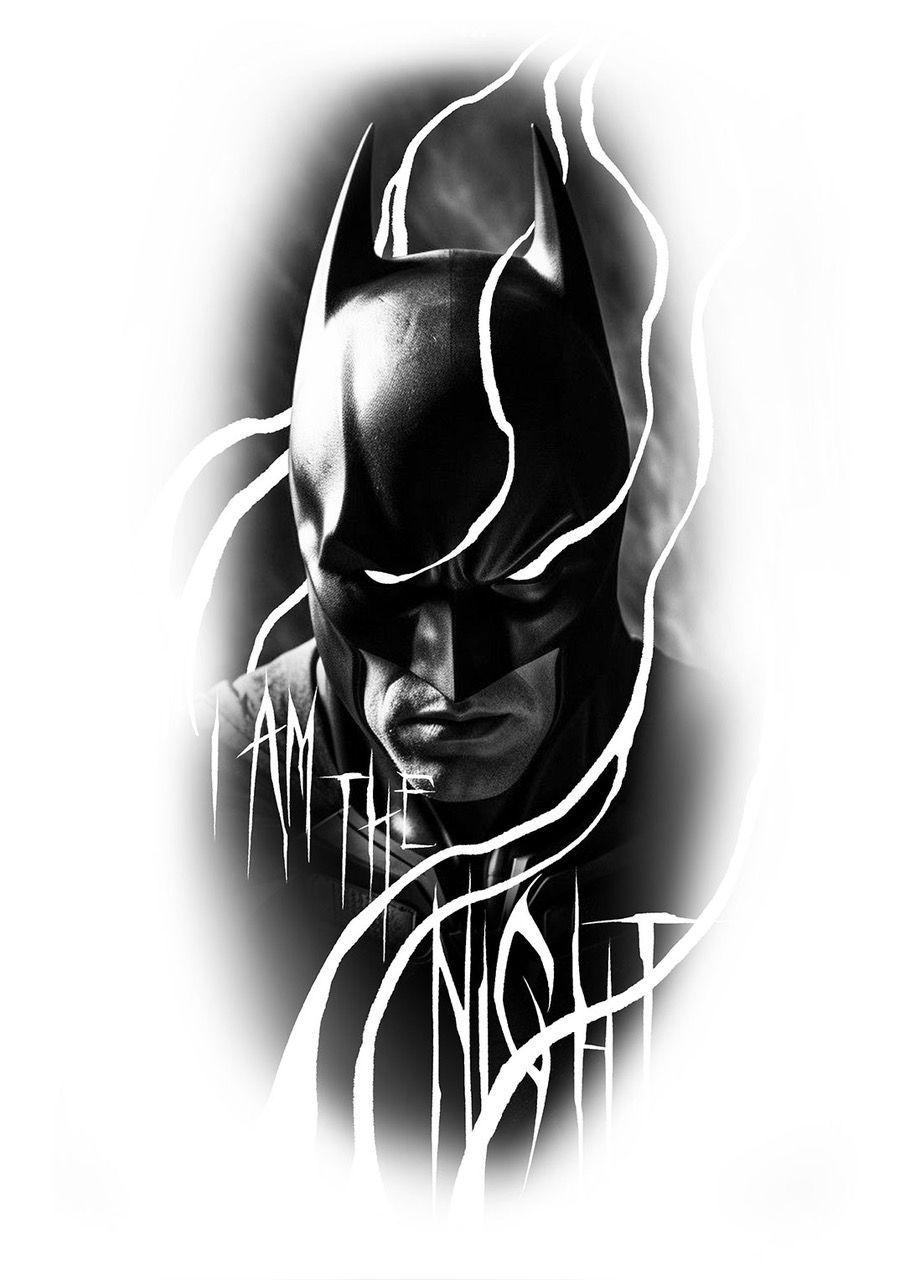 Stylized black-and-white Batman portrait with glowing white outlines and a dark, intense expression