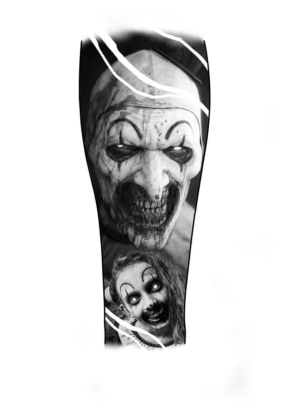 Black-and-white tattoo design of a creepy clown face above a sinister doll face.